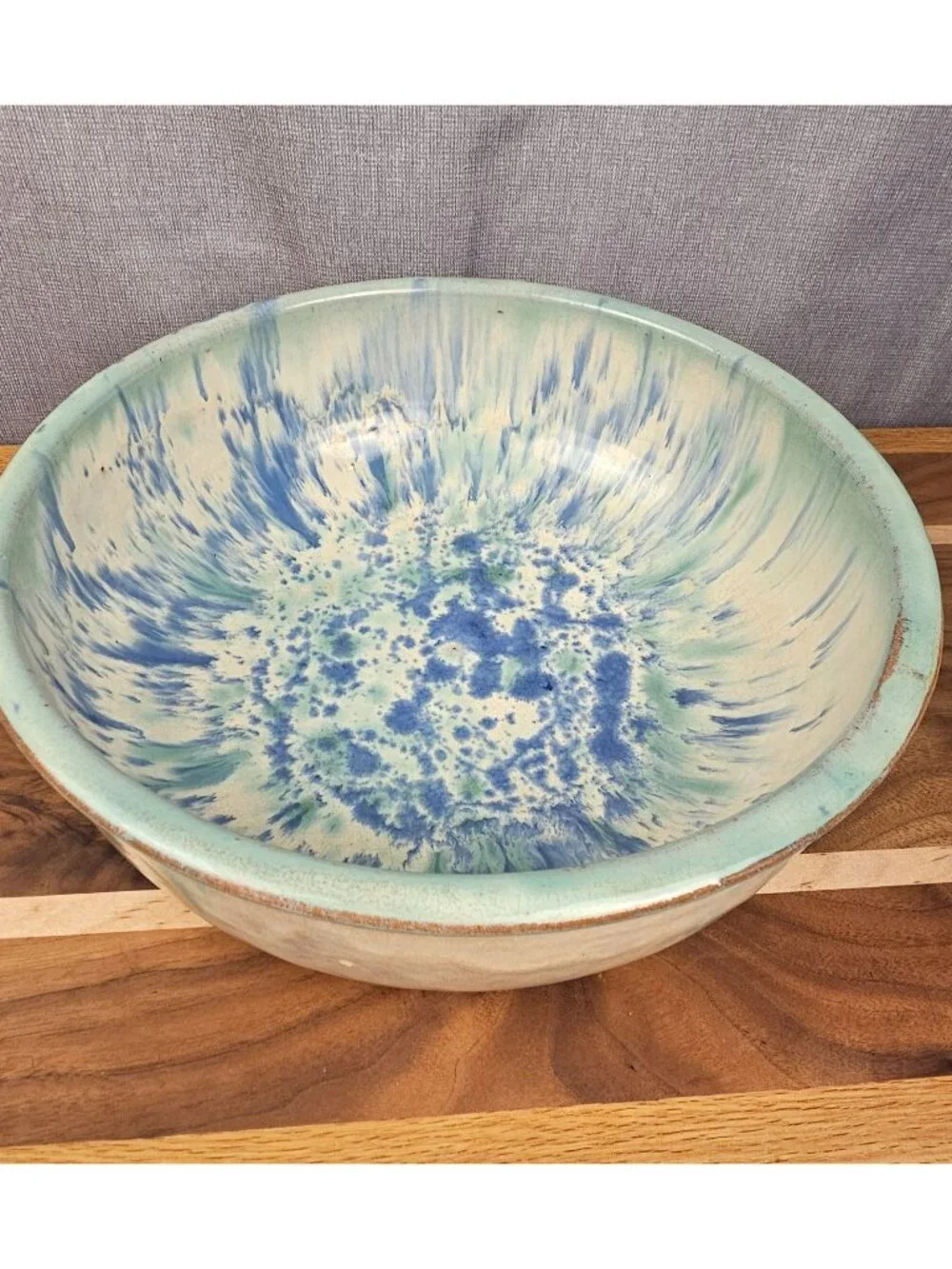 Cowans Pottery Arden N.C. Large Blue Green Drip Glaze Ceramic Mixing Bowl 12 In